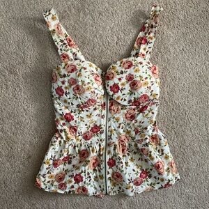 Poetry Floral Corset Top - Red and Pink on Cream